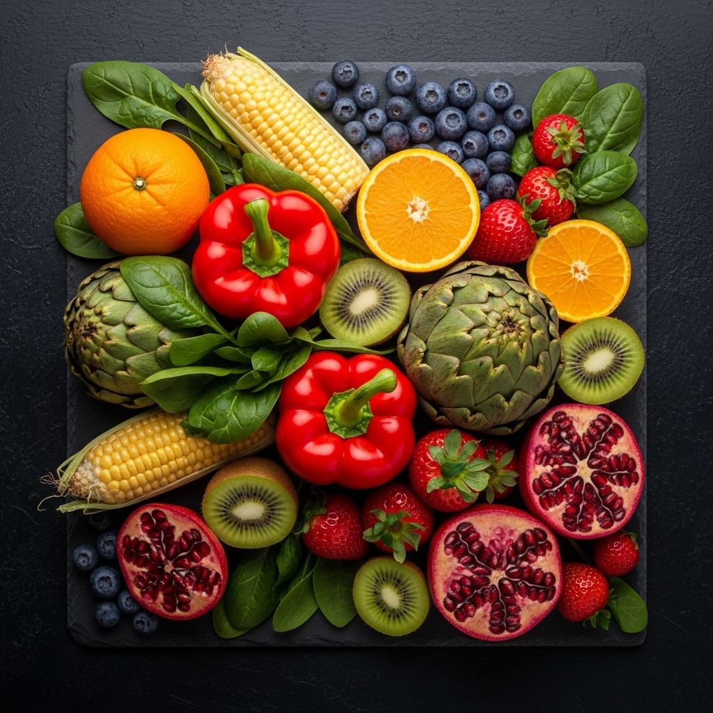 Overhead arrangement of vibrant colourful fruits and vegetables including red peppers, oranges, kiwi, strawberries and spinach on a dark slate surface with cinematic moody lighting