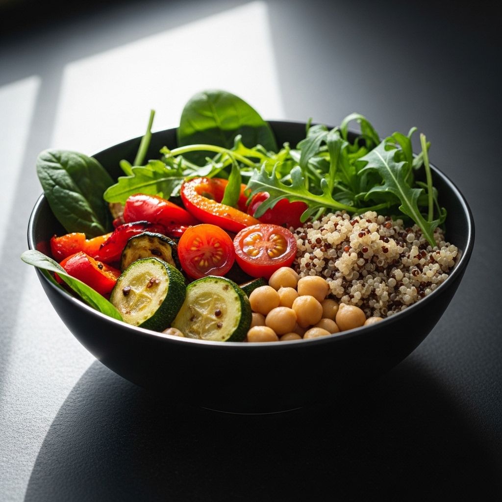 Vibrant Mediterranean-style bowl with roasted vegetables, quinoa, leafy greens and chickpeas on a dark ceramic surface, natural window light, cinematic composition