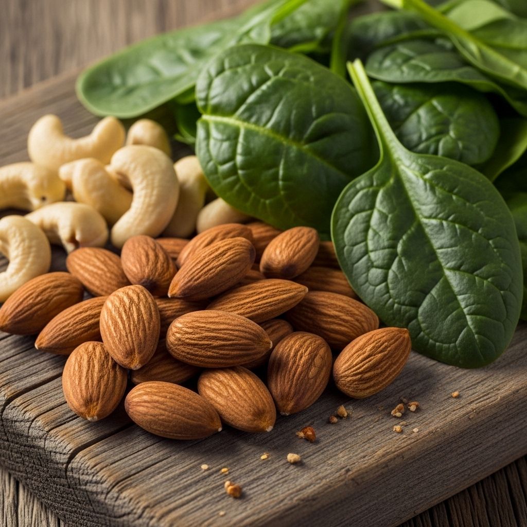 Close-up of a variety of nuts and dark leafy greens on a rustic wooden board, including almonds, cashews and spinach, cinematic natural lighting