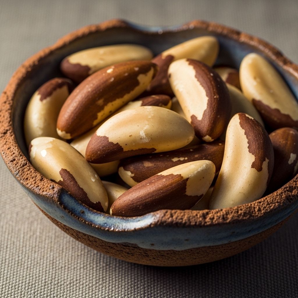 Close-up of Brazil nuts in a rustic ceramic bowl on a textured linen surface, warm studio lighting highlighting the natural texture of the nuts